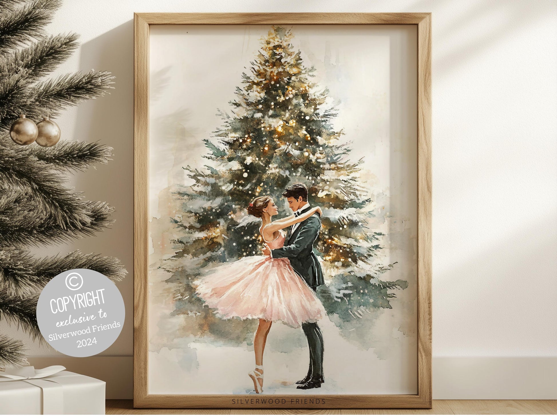 Pink Ballet Christmas Print, Ballerina Christmas Printable Wall Art, Festive Christmas Holiday Decor, Pink Gold Christmas Tree Digital Print