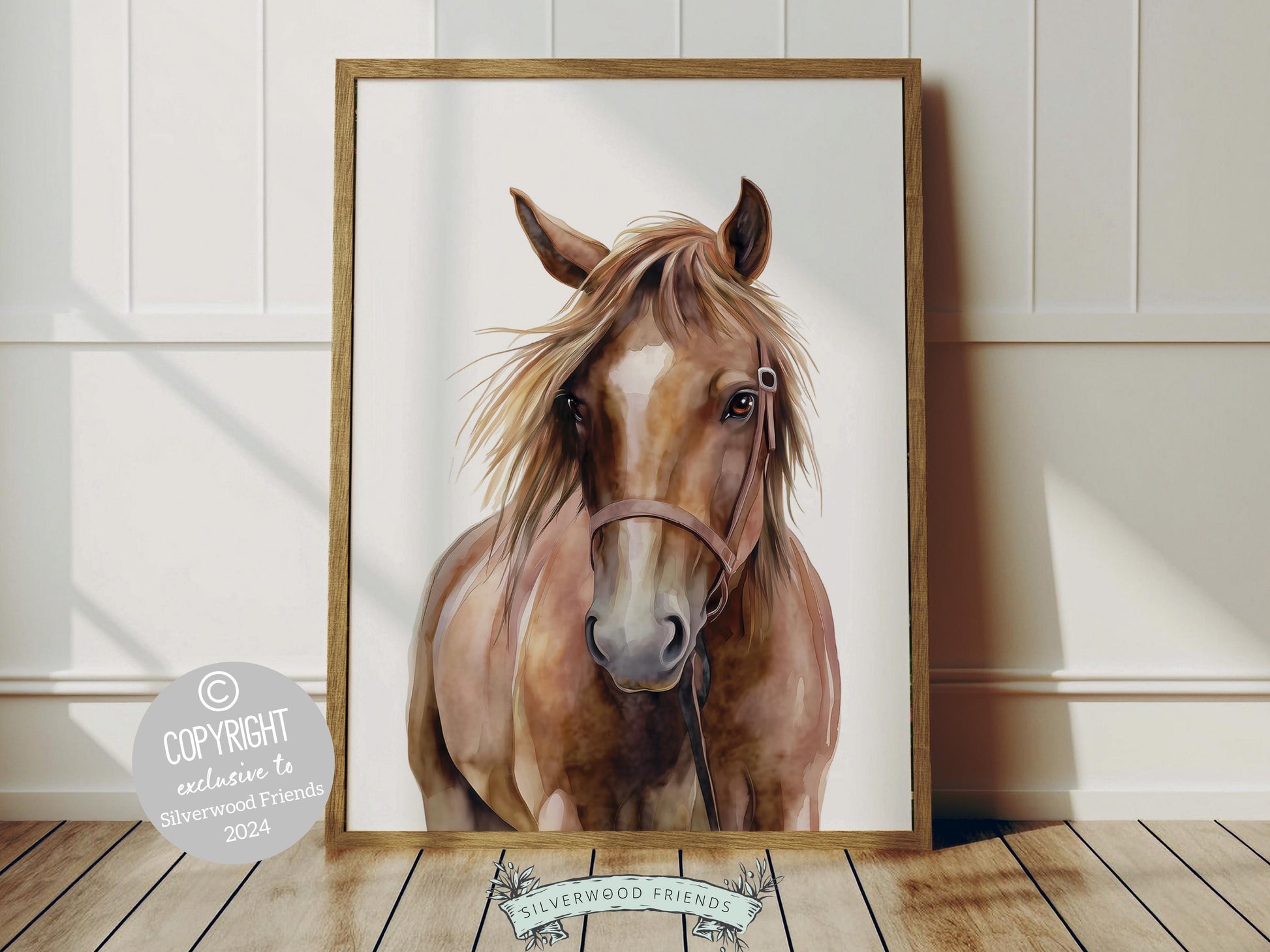 This beautiful watercolor horse print, featuring a graceful brown horse, is perfect for farmhouse or western decor and makes a charming addition to a babys western-themed nursery.