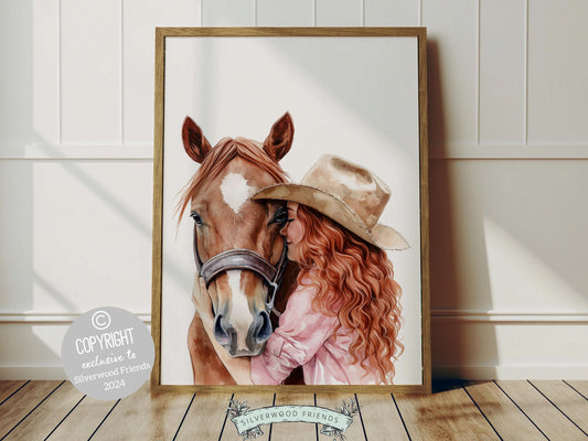 Celebrate the timeless bond between cowgirl and horse with our captivating watercolor print, featuring a tender moment of a cowgirl embracing her horse. Ideal for western nursery decor or adding a touch of western charm to any room.