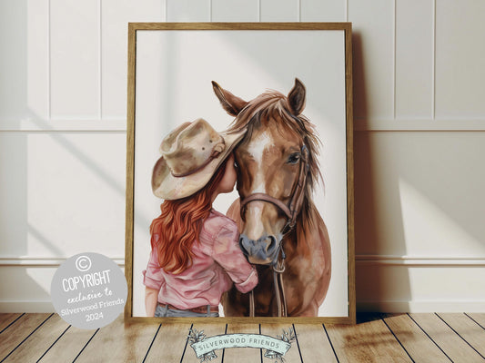 Celebrate the timeless bond between cowgirl and horse with our captivating watercolor print, featuring a tender moment of a cowgirl embracing her horse. Ideal for western nursery decor or adding a touch of western charm to any room.