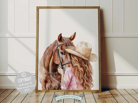 Immerse yourself in the timeless bond between cowgirl and horse with our enchanting watercolor print, depicting a cowgirl with her beloved horse.