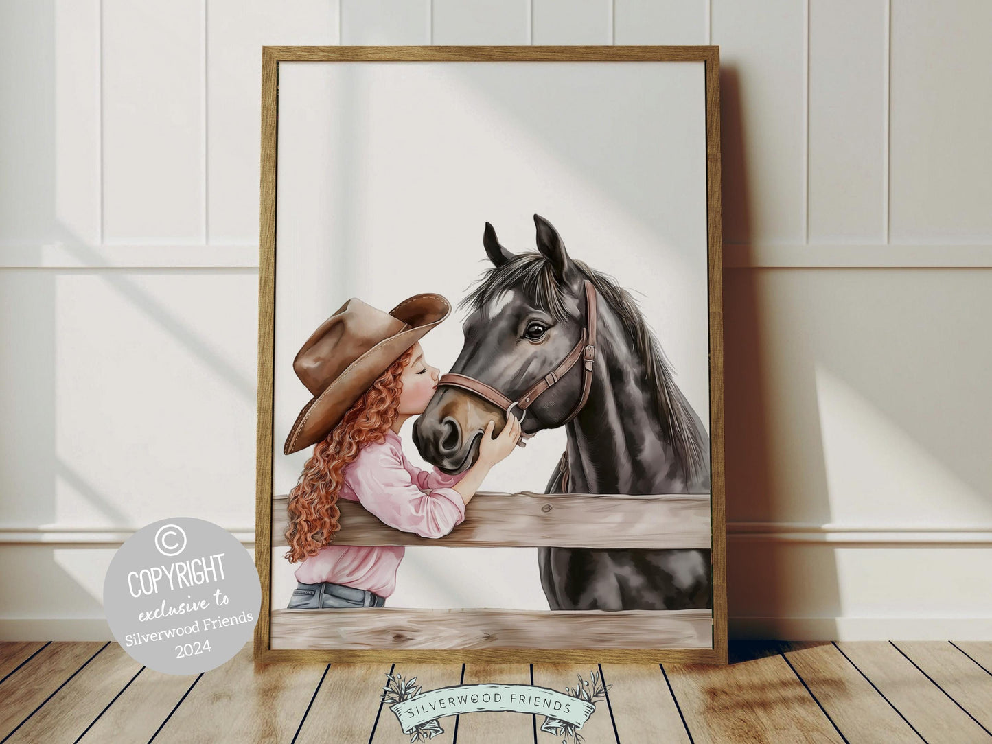 Immerse yourself in the timeless bond between cowgirl and horse with our enchanting watercolor print, depicting a cowgirl with her beloved horse.