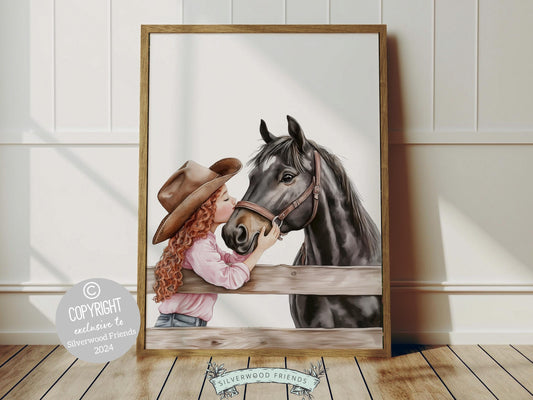 Immerse yourself in the timeless bond between cowgirl and horse with our enchanting watercolor print, depicting a cowgirl with her beloved horse.