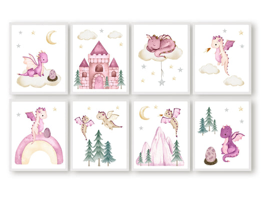 Baby Dragon Nursery Prints Set of 8, Girls Dragon Nursery Decor, Fairytale Dungeons Dragons Nursery Wall Art, Fantasy Nursery Digital Prints