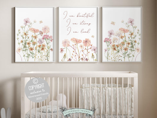 Wildflower Nursery Print Set with watercolor wildflower meadow flowers and butterflies and positive affirmations I am beautiful, I am strong, I am kind,  is part of our BEST SELLING Wildflower Collection by Silverwood Friends