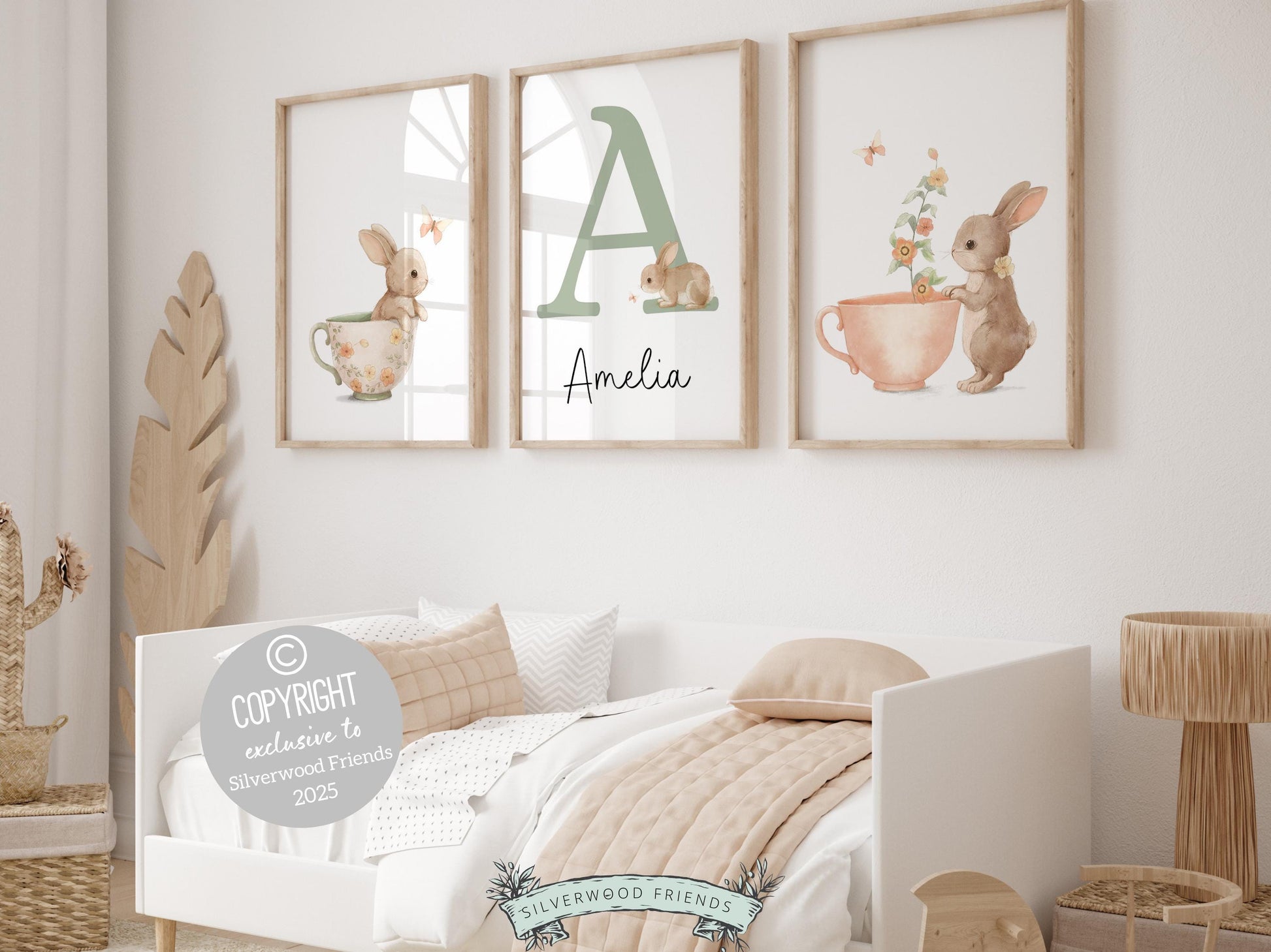 Bunny Nursery Prints with watercolor bunny rabbits, wildflower&#39;s and butterflies, is perfect as a custom nursery name print set for your new baby or as a unique baby shower gift. These prints also come with a pink letter option or any custom color.