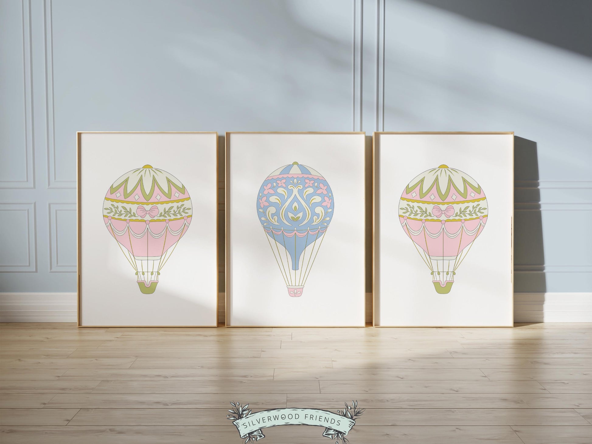 Pink Blue Hot Air Balloon Nursery Prints, Nursery Wall Art, Girl's Nursery Decor, Transport Room Wall Decor, Baby Girl Nursery Digital Print