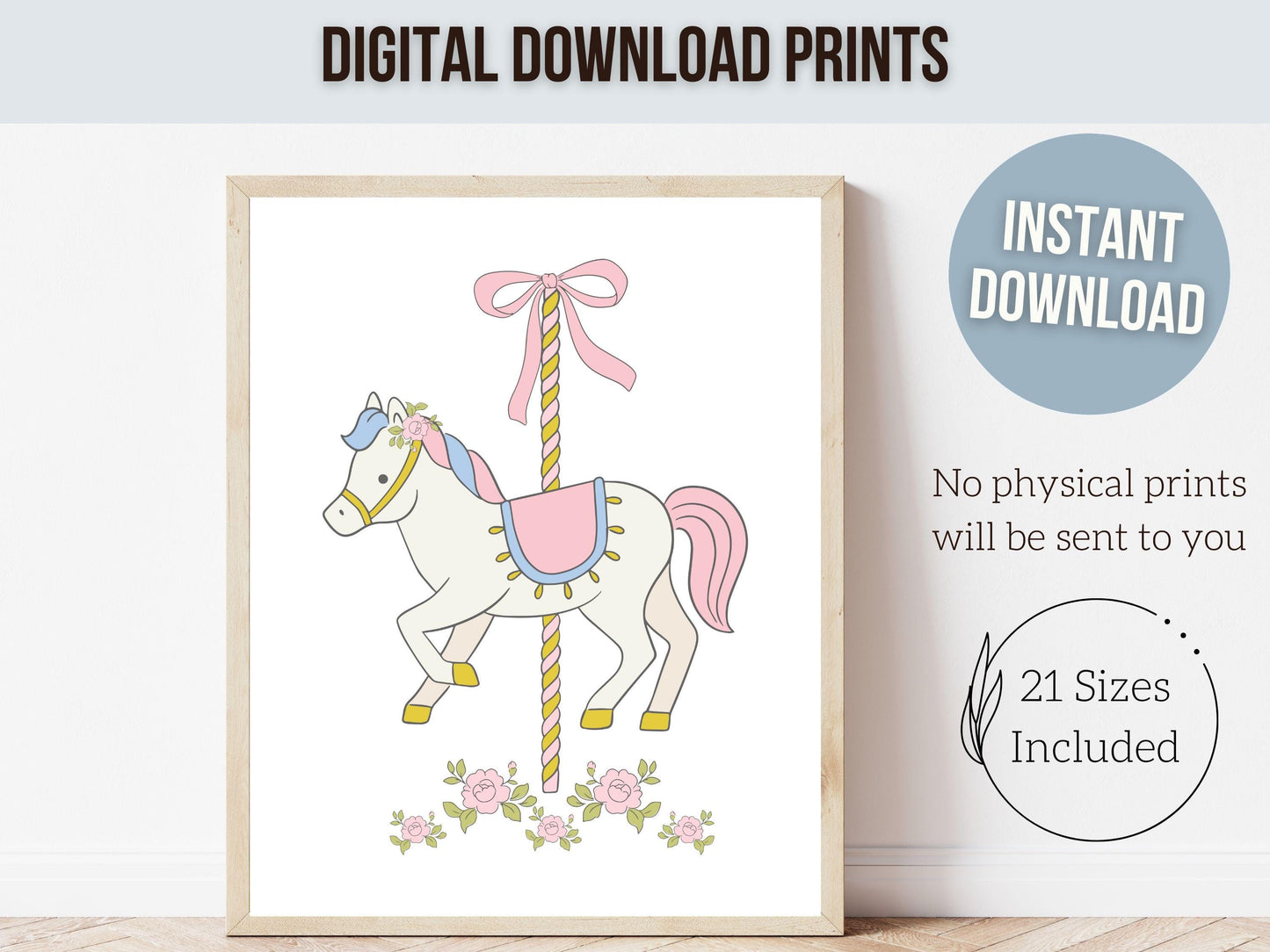 Carousel Nursery Prints, Pink Nursery Wall Art, Girl's Horse Nursery Decor, Theme Park Carnival Wall Decor, Preppy Room Decor Digital Print