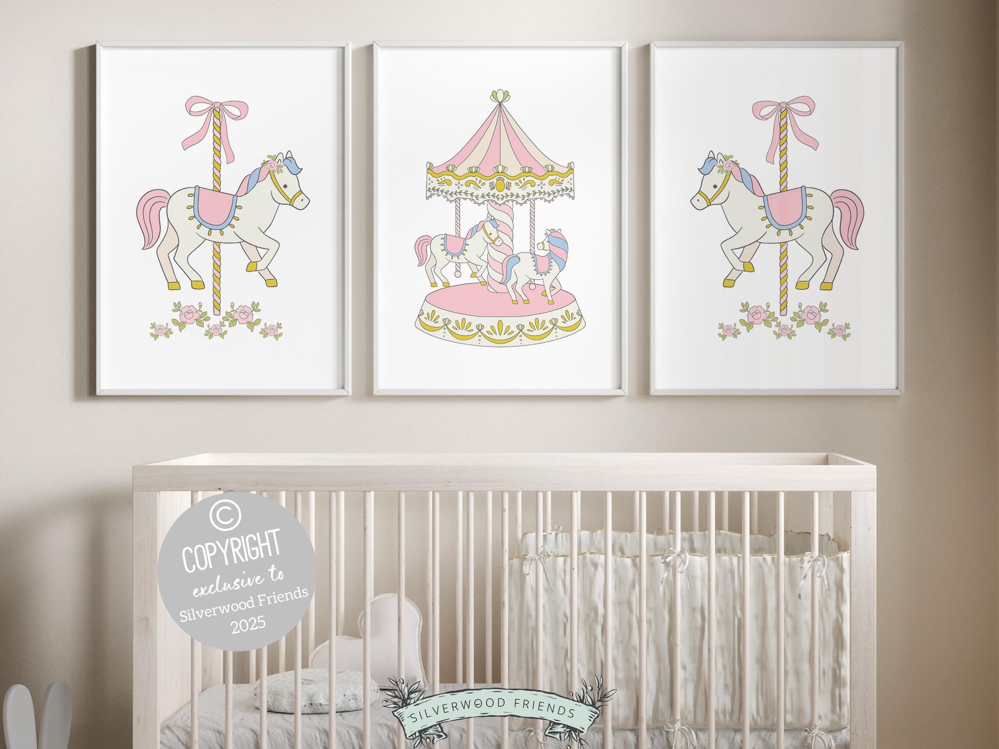 This charming set of carousel prints features delicate pastel pink and blue tones with beautifully detailed carousel horses. Perfect for adding a touch of whimsy to your baby girls nursery decor or as a unique and thoughtful baby shower gift!