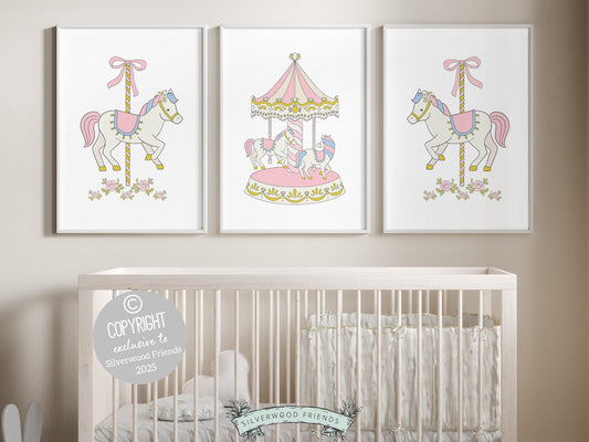 This charming set of carousel prints features delicate pastel pink and blue tones with beautifully detailed carousel horses. Perfect for adding a touch of whimsy to your baby girls nursery decor or as a unique and thoughtful baby shower gift!