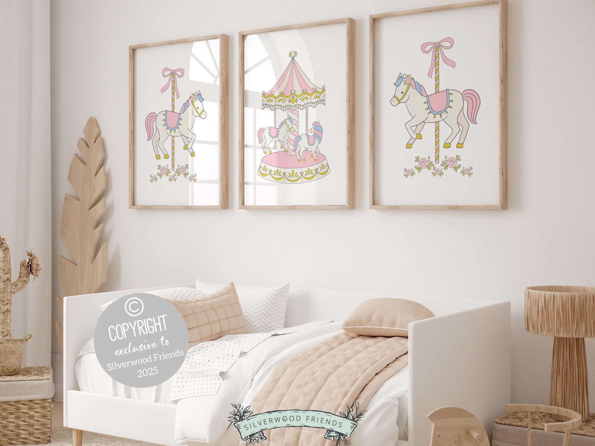 Carousel Nursery Prints, Pink Nursery Wall Art, Girl's Horse Nursery Decor, Theme Park Carnival Wall Decor, Preppy Room Decor Digital Print