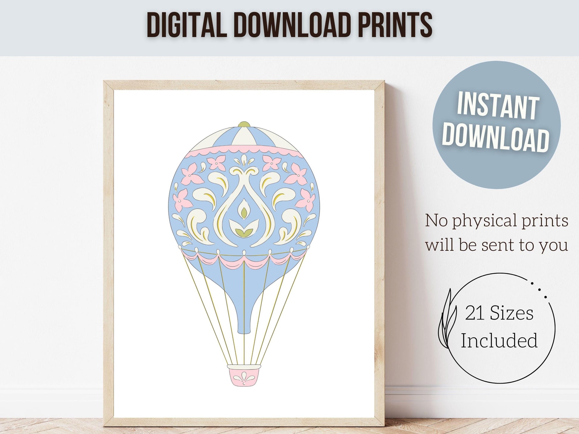 Pink Blue Hot Air Balloon Nursery Prints, Nursery Wall Art, Girl's Nursery Decor, Whimsical Dorm Wall Decor, Baby Girl Nursery Digital Print