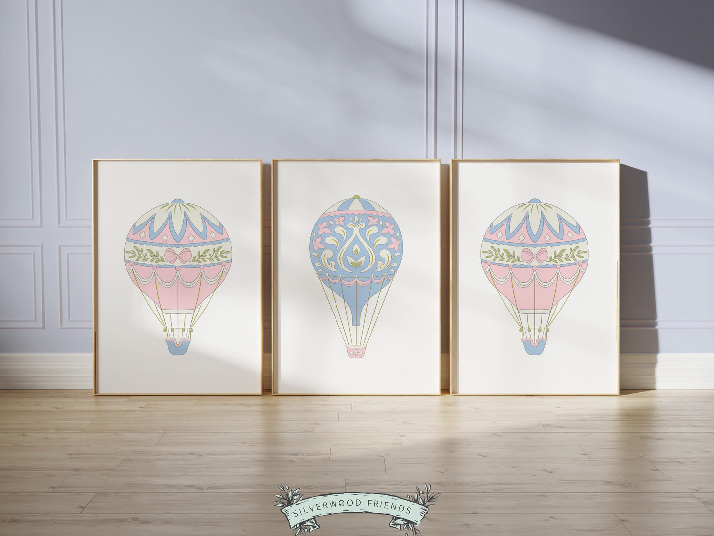 Pink Blue Hot Air Balloon Nursery Prints, Nursery Wall Art, Girl's Nursery Decor, Whimsical Dorm Wall Decor, Baby Girl Nursery Digital Print