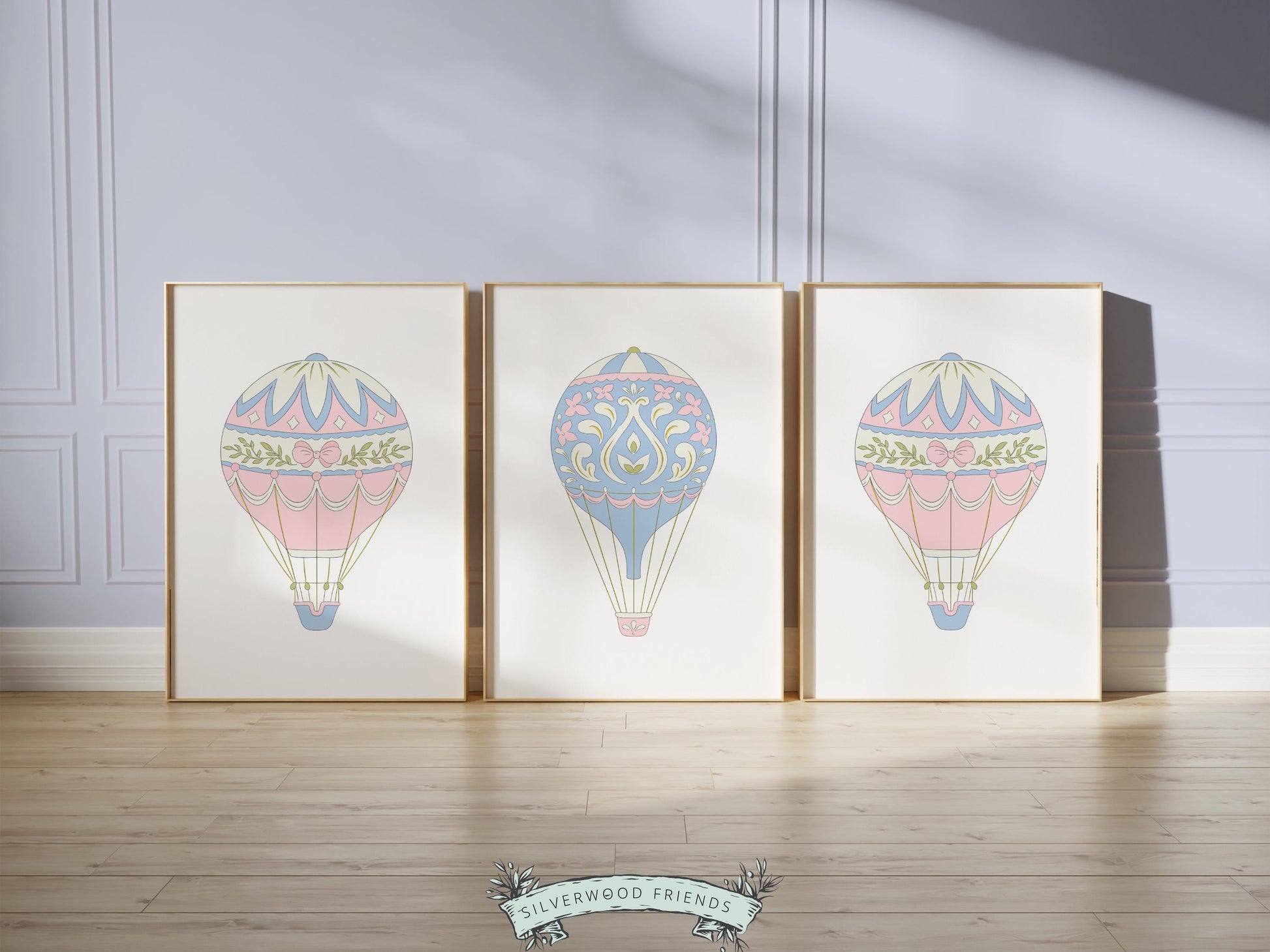 Pink Blue Hot Air Balloon Nursery Prints, Nursery Wall Art, Girl's Nursery Decor, Whimsical Dorm Wall Decor, Baby Girl Nursery Digital Print
