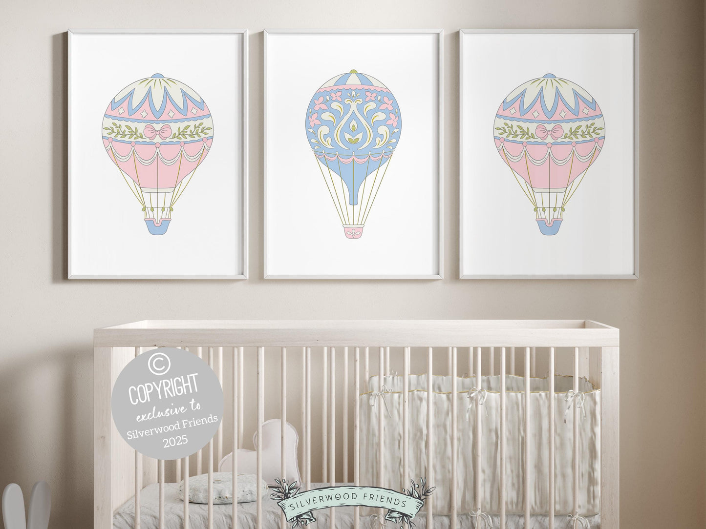 Pink Blue Hot Air Balloon Nursery Prints, Nursery Wall Art, Girl's Nursery Decor, Whimsical Dorm Wall Decor, Baby Girl Nursery Digital Print