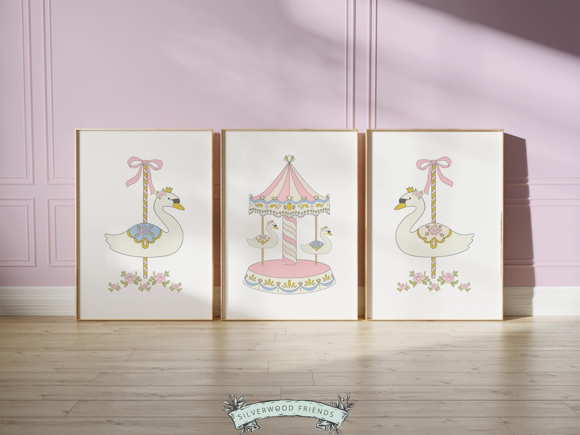 Carousel Nursery Prints, Nursery Wall Art, Girl's Swan Nursery Decor, Kids Carnival Room Wall Decor, Fairytale Princess Decor Digital Print