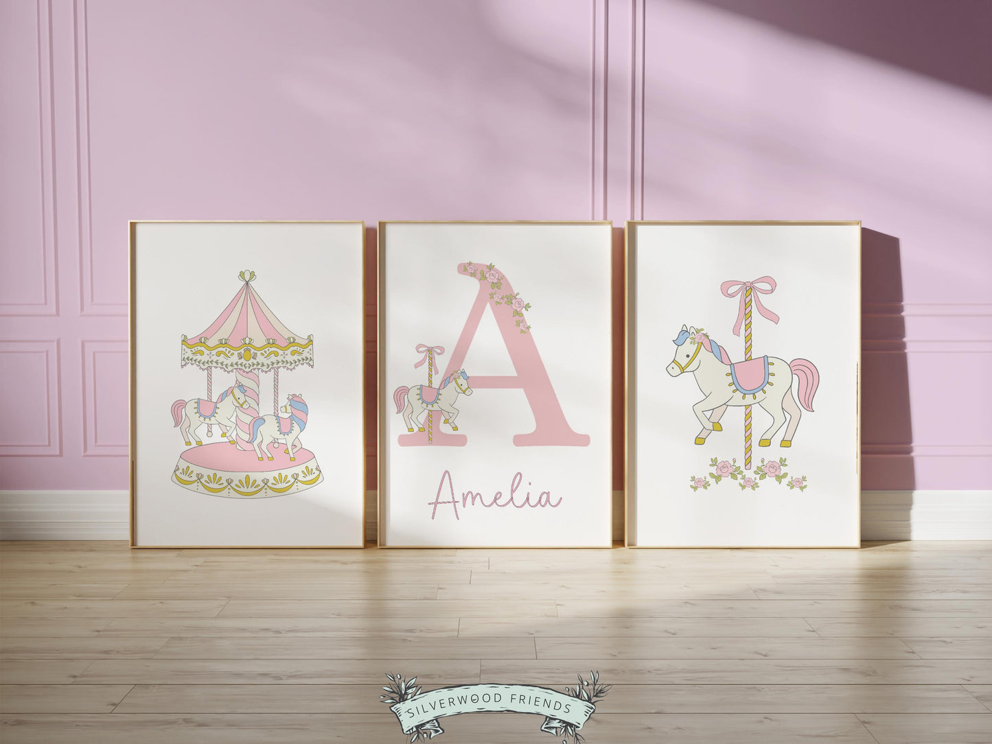 Pink Carousel Nursery Prints, Nursery Wall Art, Baby Girl Whimsical Princess Nursery Decor,Toddler Girl Pastel Room Wall Decor Digital Print
