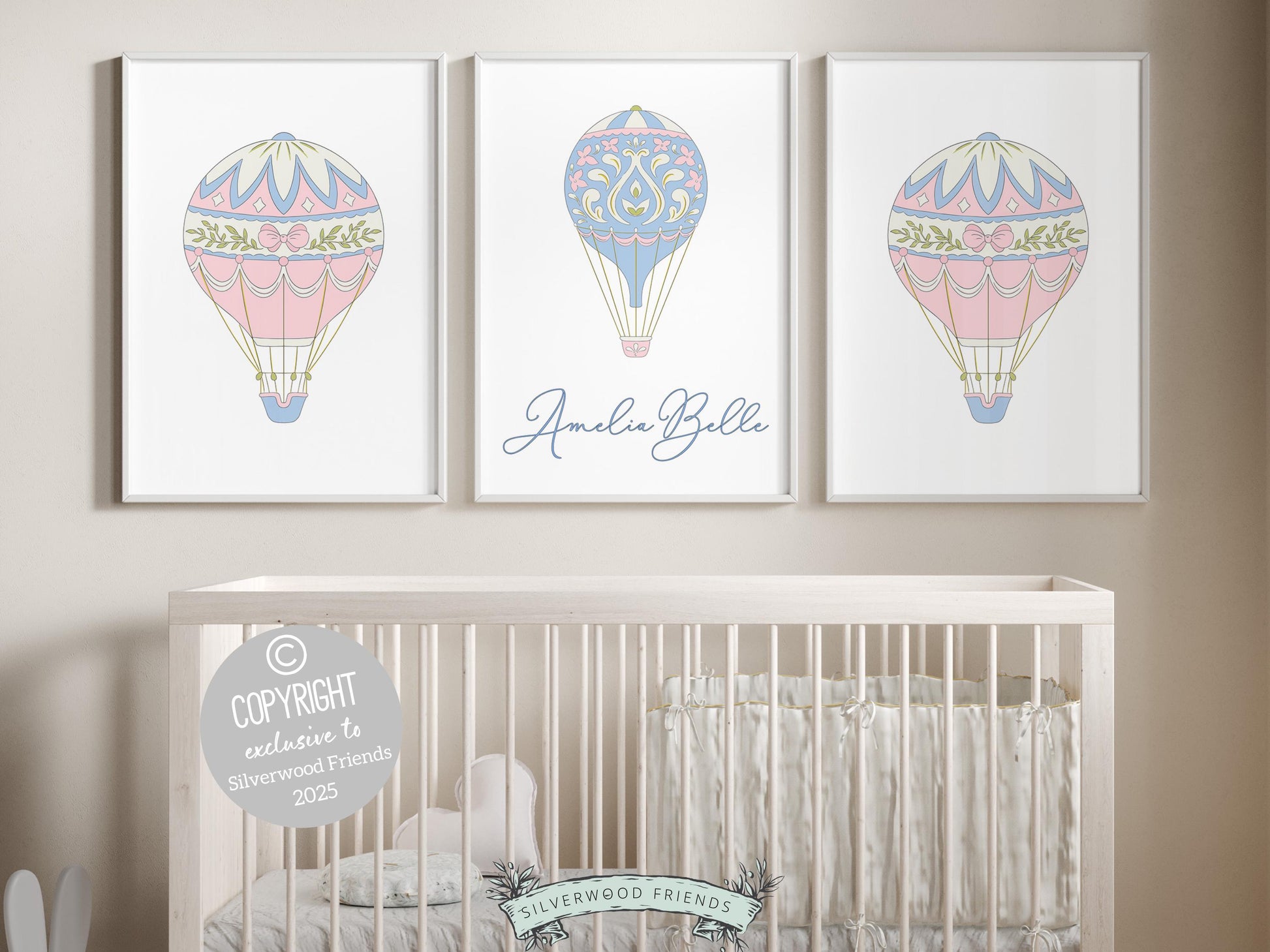 Our gorgeous custom hot air balloon nursery name prints with pastel pink and blue hot air balloons are perfect as a custom nursery print set for your new baby or as a unique baby shower gift.