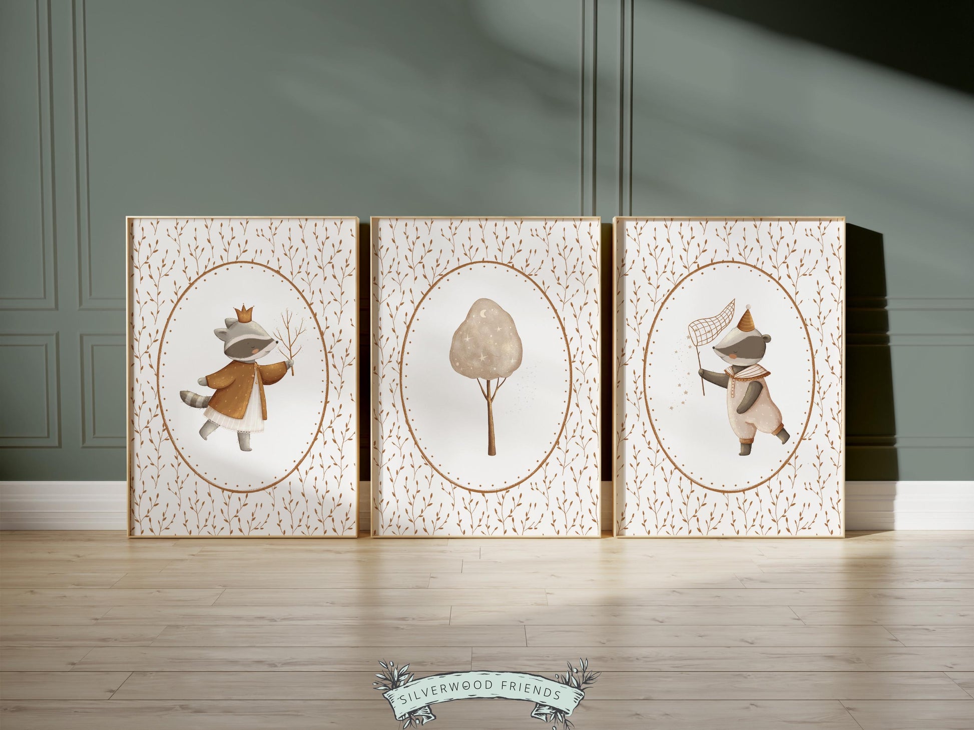 Boho Woodland Nursery Prints, Vintage Woodland Animal Nursery Decor, Vintage Woodland Raccoon Nursery Wall Art,Neutral Nursery Digital Print