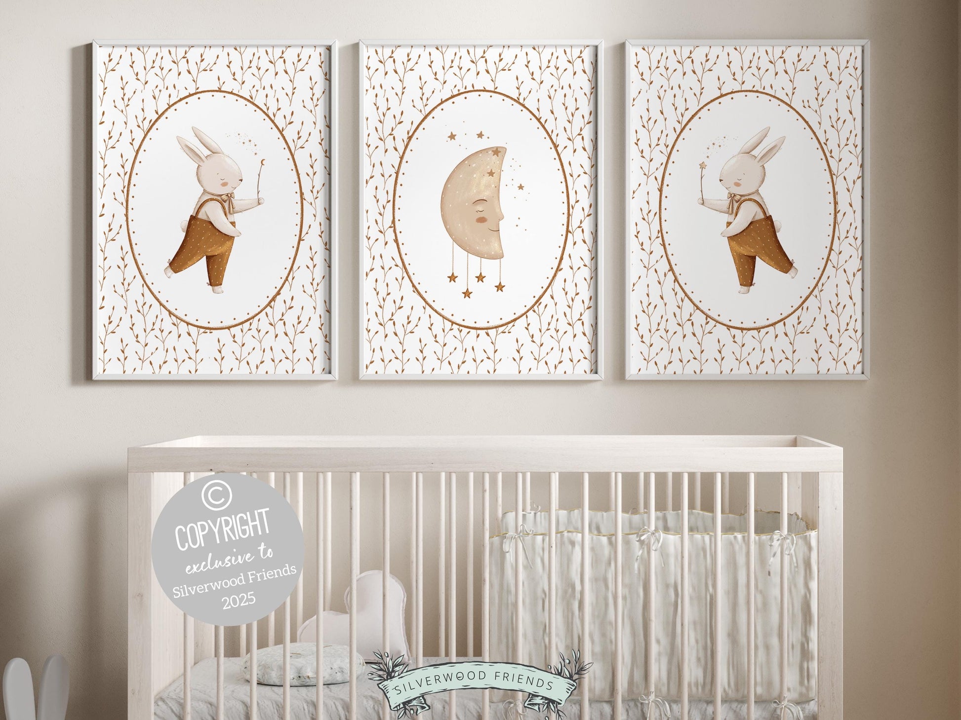 Our delightful Set of 3 Vintage Woodland Nursery Prints features adorable bunny rabbits and moon with stars with neutral beige/brown leaf pattern. Perfect for your woodland nursery decor and also makes a unique baby shower gift.