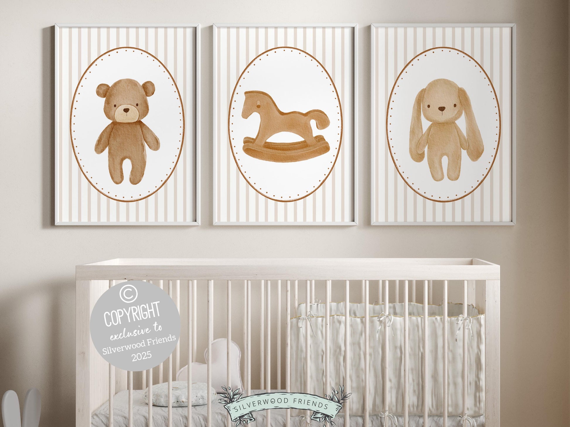 Baby Bear Nursery Prints, Vintage Woodland Teddy Bear Bunny Nursery Decor, Teddy Bear Nursery Wall Art Neutral Unisex Nursery Digital Print