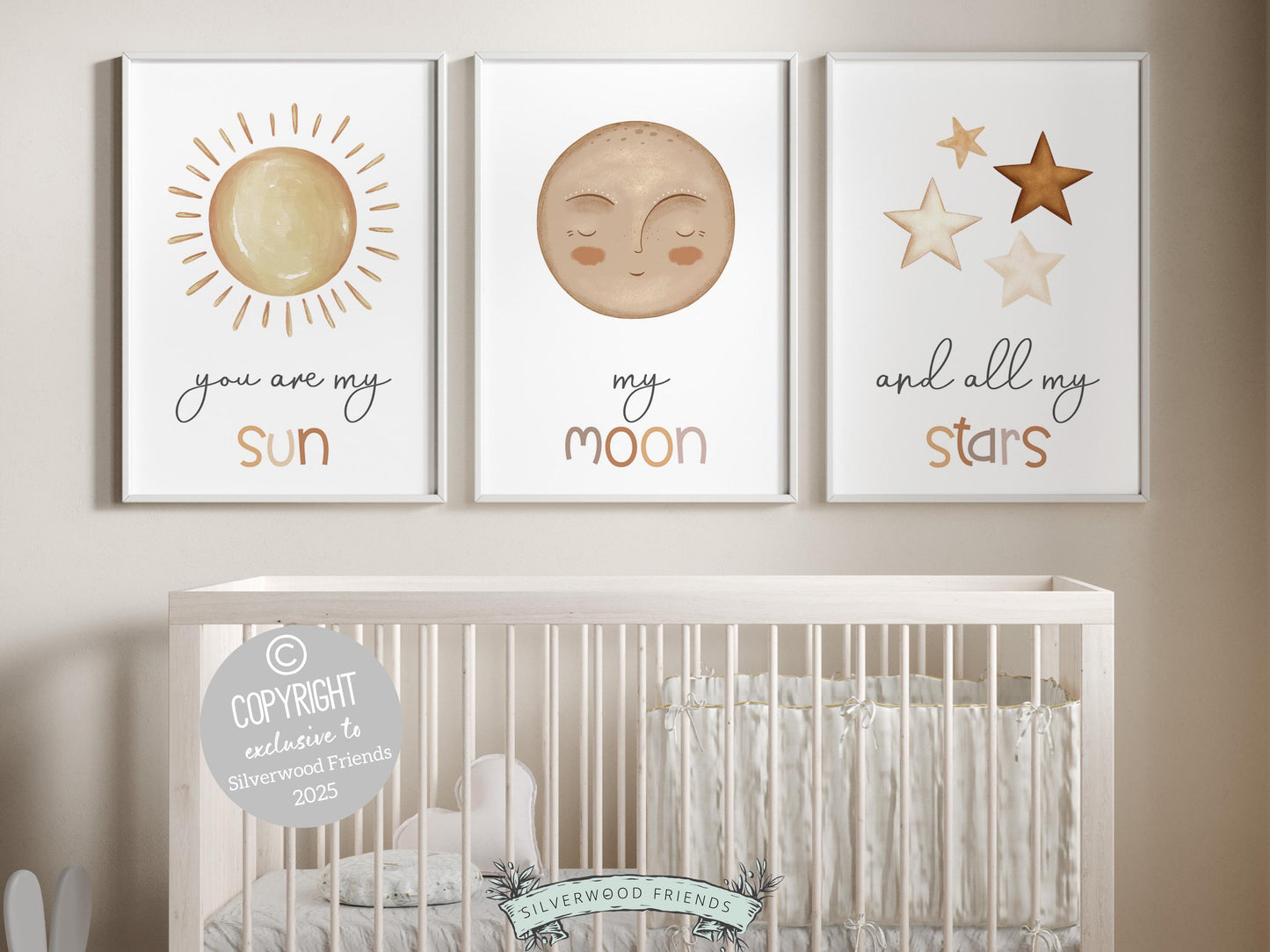 Set of 3 Boho Baby Nursery Prints, featuring a sun, moon, and stars, along with the loving and positive quote, You are my sun, my moon, and all my stars, will create a dreamy nursery and is the perfect gender neutral baby shower gift
