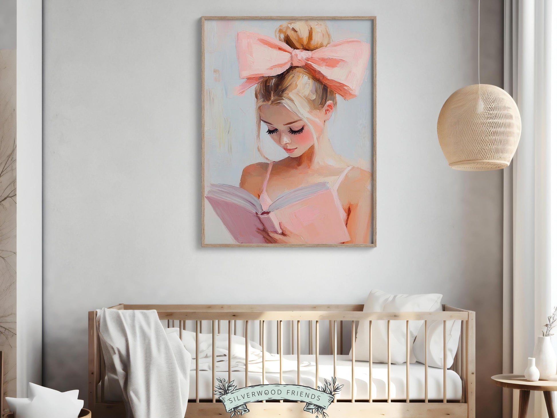 Blonde Girl Reading Painting, Pastel Book Nook Wall Art Print, Pink Girly Kids Room Bookish Wall Decor Reading Playroom Poster Digital Print