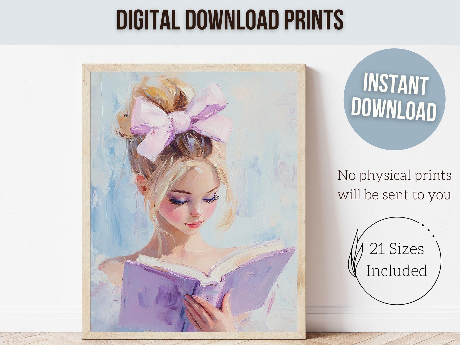 Blonde Girl Reading Painting, Pastel Book Nook Wall Art Print, Preppy College Dorm Bookish Wall Decor, Reading Playroom Poster Digital Print