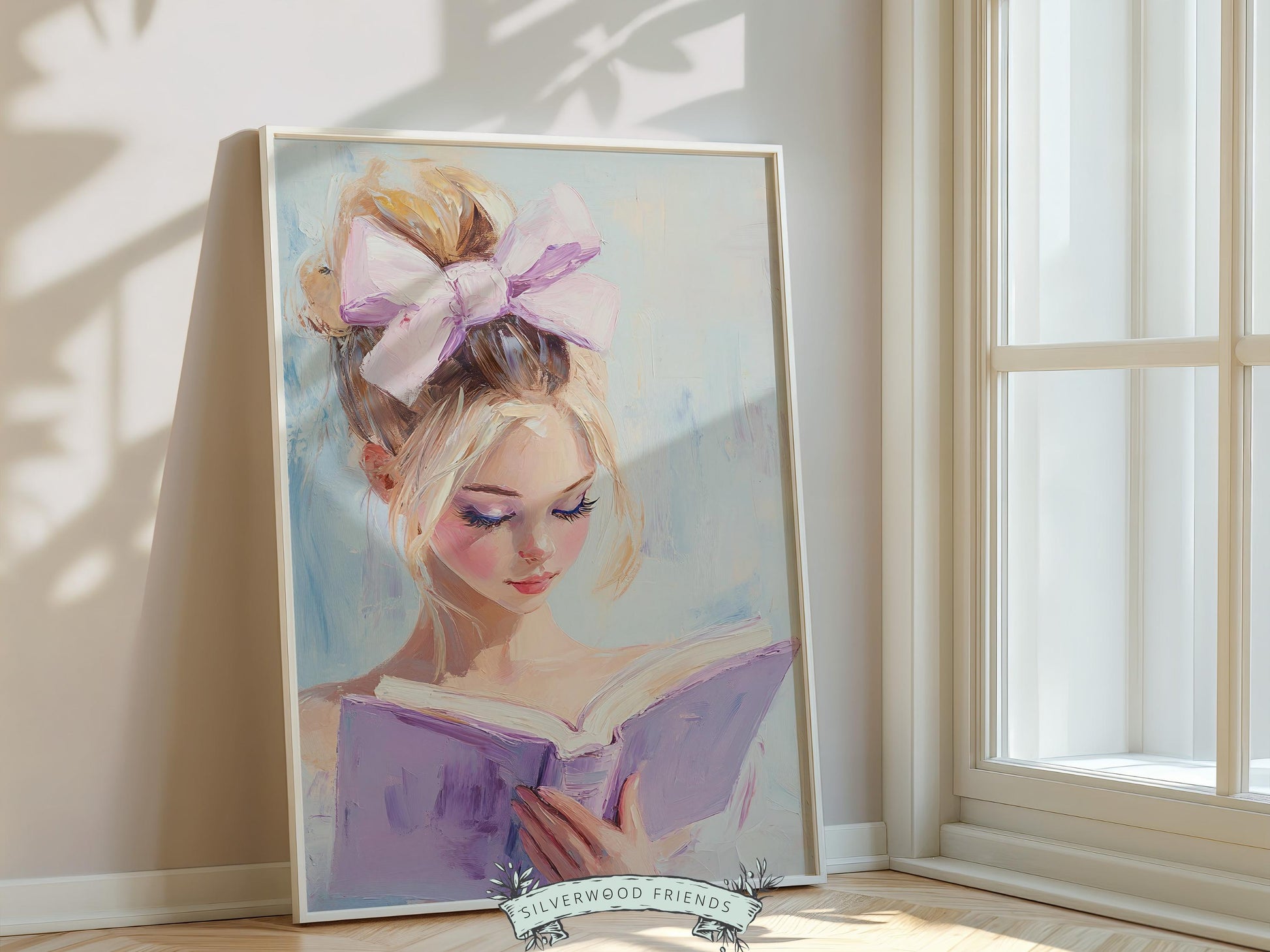Blonde Girl Reading Painting, Pastel Book Nook Wall Art Print, Preppy College Dorm Bookish Wall Decor, Reading Playroom Poster Digital Print