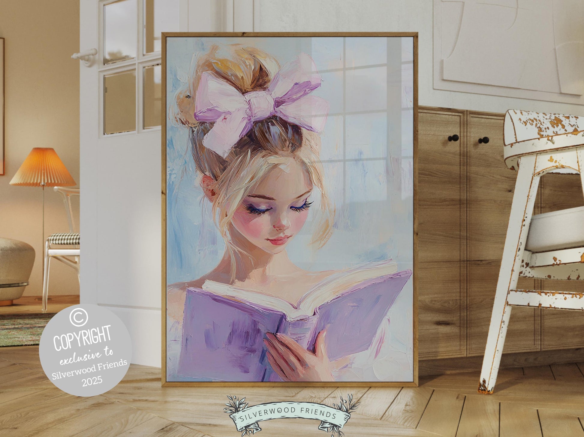 Blonde Girl Reading Painting, Pastel Book Nook Wall Art Print, Preppy College Dorm Bookish Wall Decor, Reading Playroom Poster Digital Print