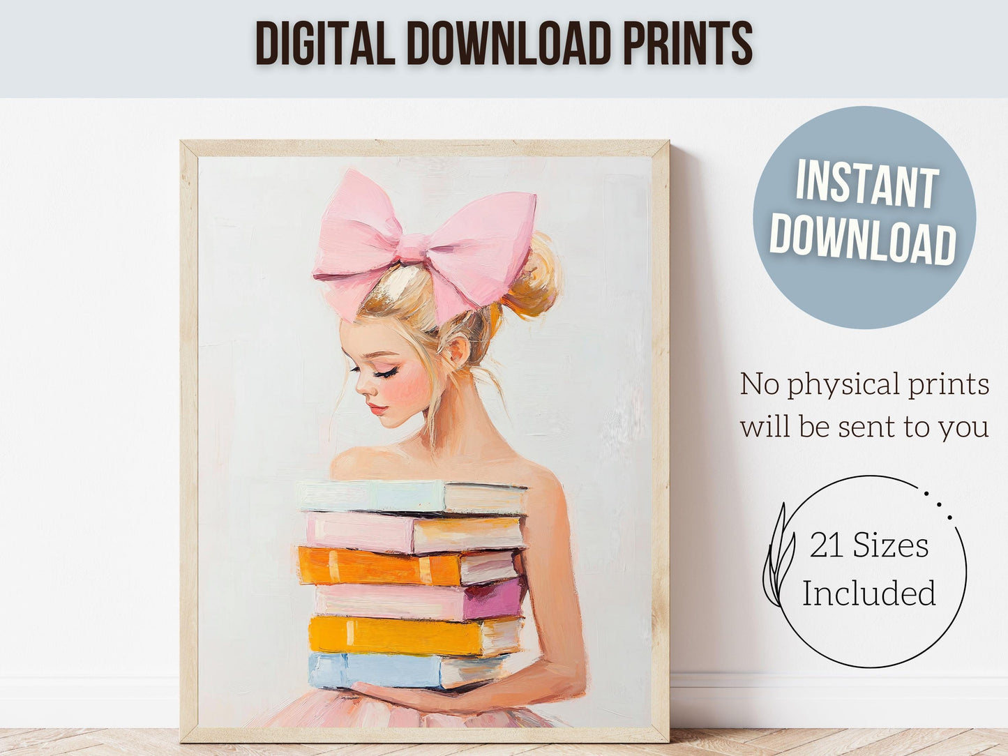 Blonde Girl Reading Poster Print, Pastel Book Nook Library Wall Art Print, Pink Girly Bookish Library Decor Apartment Wall Art Digital Print