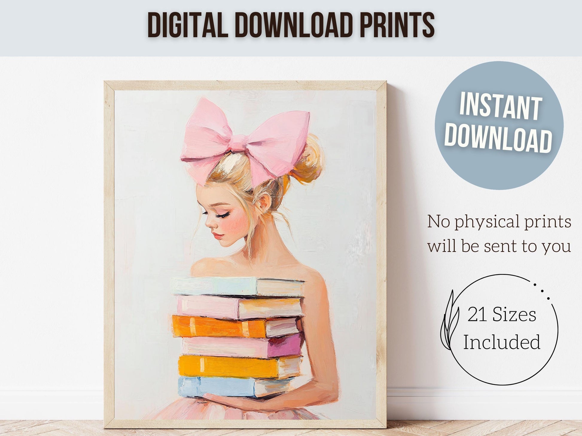 Blonde Girl Reading Poster Print, Pastel Book Nook Library Wall Art Print, Pink Girly Bookish Library Decor Apartment Wall Art Digital Print