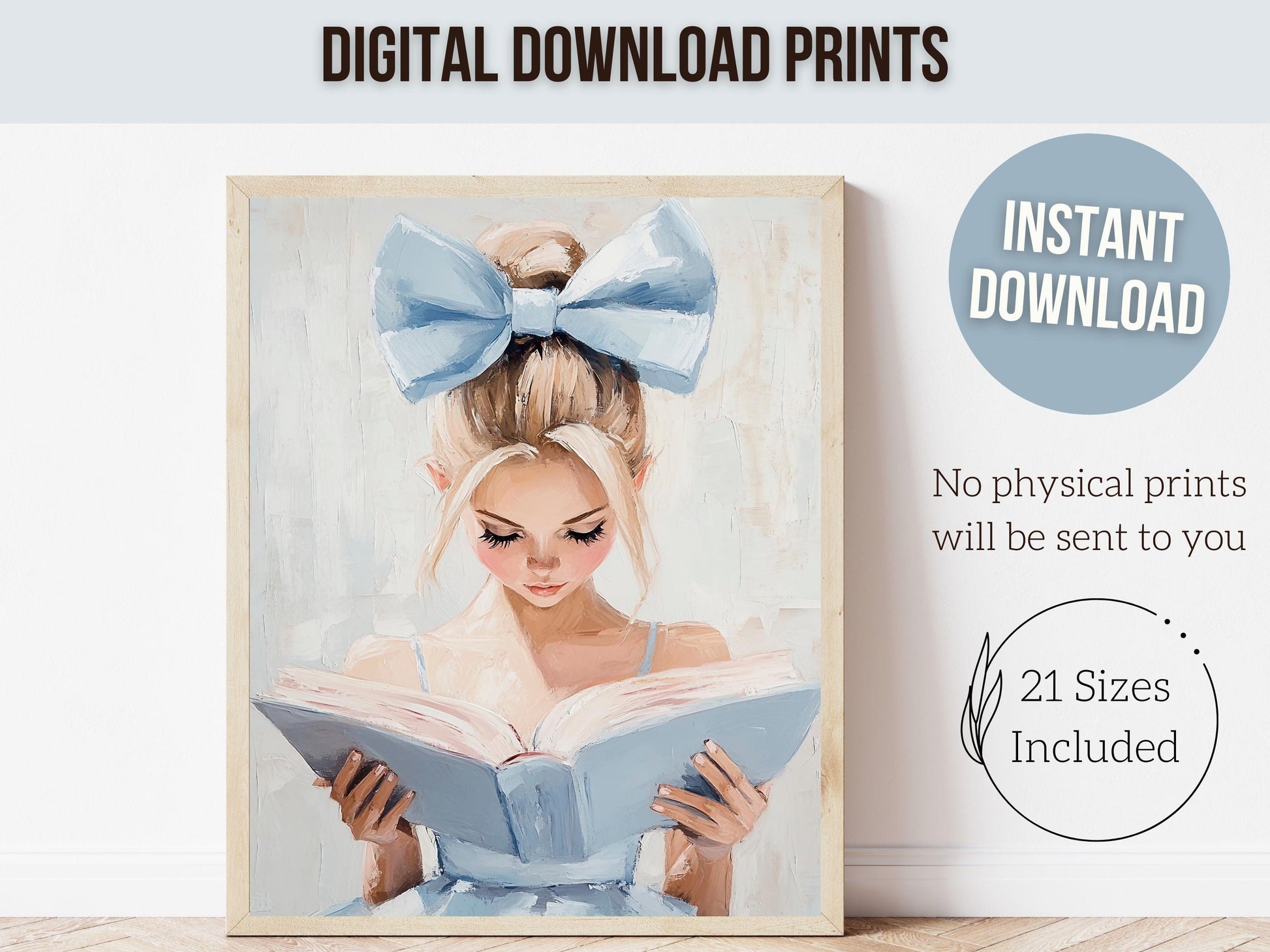 Blonde Girl Reading Poster Print, Pastel Book Nook Library Wall Art Print, Blue Girly Bookish Library Decor Apartment Wall Art Digital Print