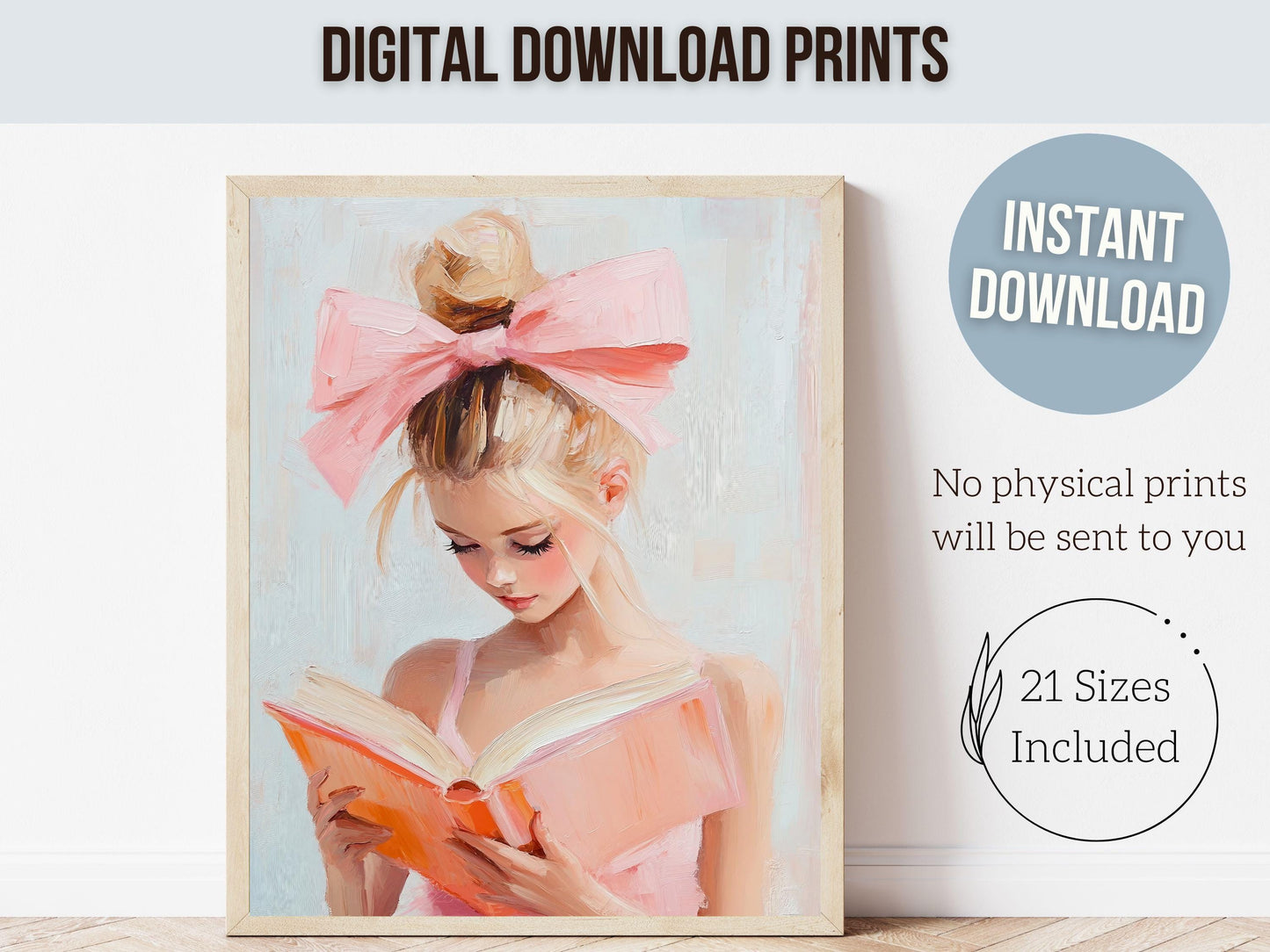 Blonde Girl Reading Poster Print, Pastel Book Nook Library Wall Art Print, Pink Girly Bookish Library Decor Apartment Wall Art Digital Print