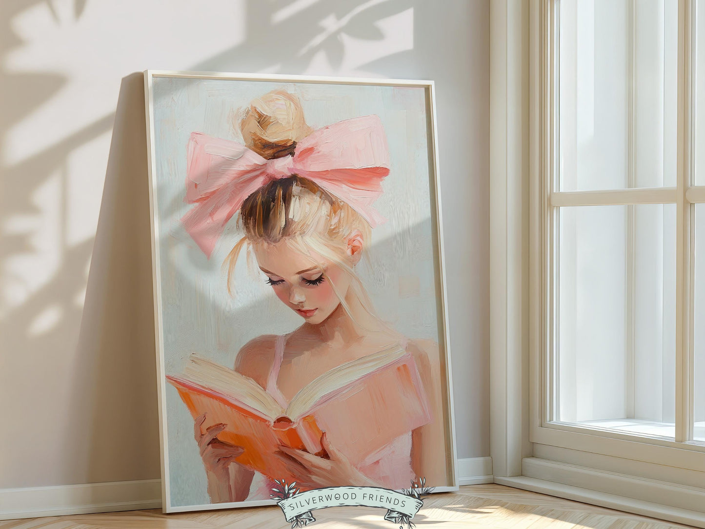 Blonde Girl Reading Poster Print, Pastel Book Nook Library Wall Art Print, Pink Girly Bookish Library Decor Apartment Wall Art Digital Print