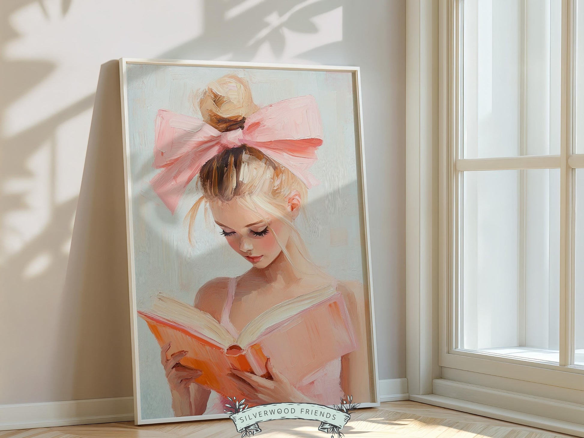 Blonde Girl Reading Poster Print, Pastel Book Nook Library Wall Art Print, Pink Girly Bookish Library Decor Apartment Wall Art Digital Print