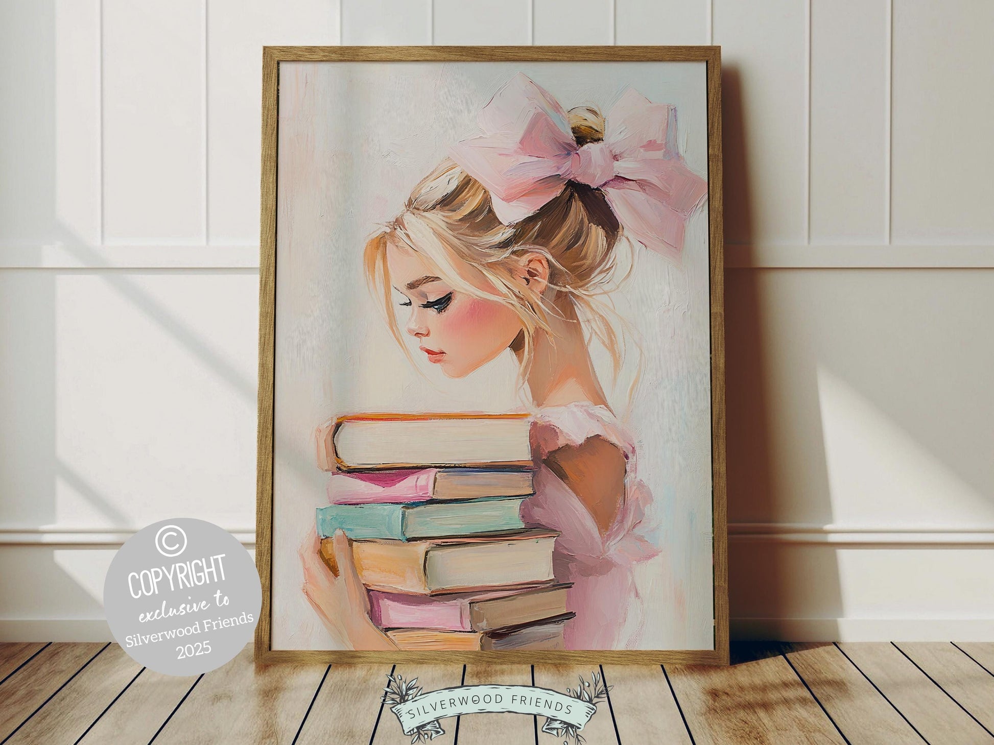 Elevate your space with this trendy pastel pink print, designed in a dreamy oil painting style. Featuring a chic blonde girl holding a stack of pastel-colored books, complete with a statement pink bow in her hair, this artwork exudes playful charm.