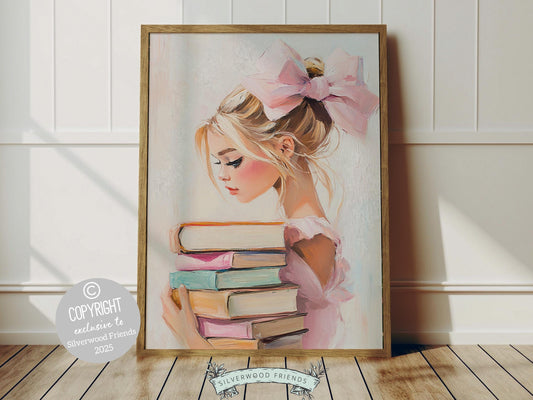 Elevate your space with this trendy pastel pink print, designed in a dreamy oil painting style. Featuring a chic blonde girl holding a stack of pastel-colored books, complete with a statement pink bow in her hair, this artwork exudes playful charm.