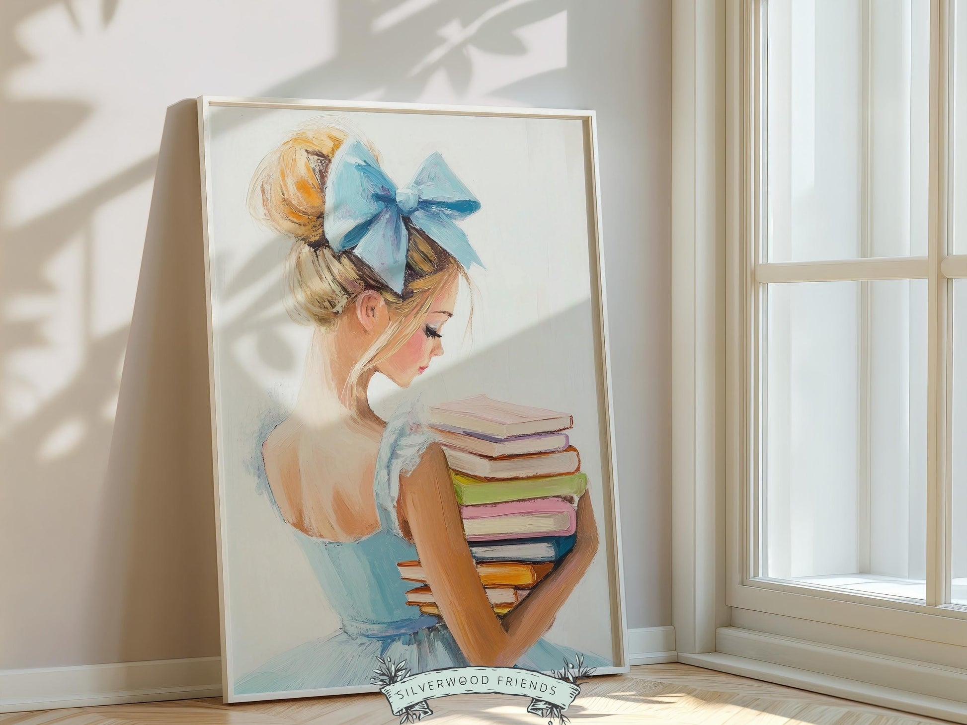 Blonde Girl Reading Poster Print, Pastel Book Nook Library Wall Art Print, Blue Girly Bookish Library Decor Apartment Wall Art Digital Print