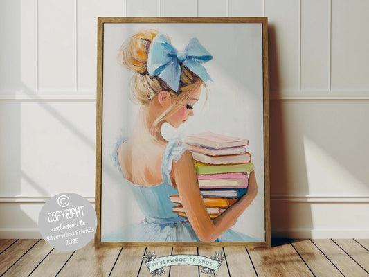 Elevate your space with this trendy pastel blue print, designed in a dreamy oil painting style. Featuring a chic blonde girl holding a stack of pastel-colored books, complete with a statement blue bow in her hair, this artwork exudes playful charm.