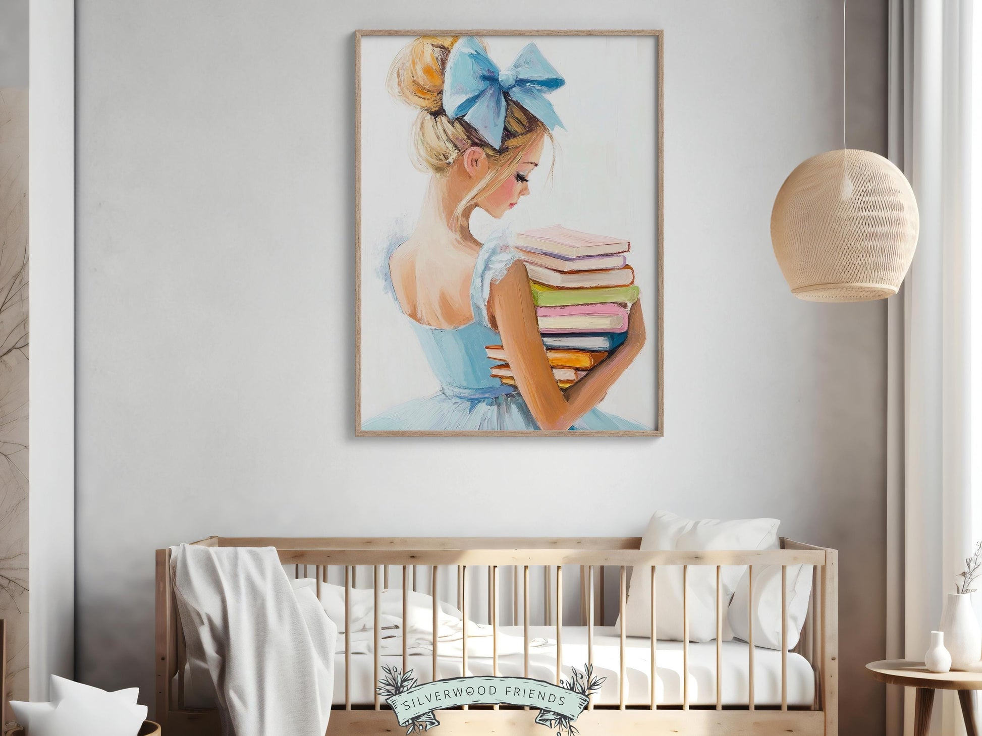 Blonde Girl Reading Poster Print, Pastel Book Nook Library Wall Art Print, Blue Girly Bookish Library Decor Apartment Wall Art Digital Print