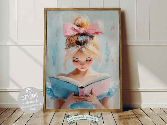 Elevate your space with this trendy pastel print, designed in a dreamy oil painting style. Featuring a chic blonde girl reading a book, complete with a statement blue bow in her hair, this artwork exudes playful charm.