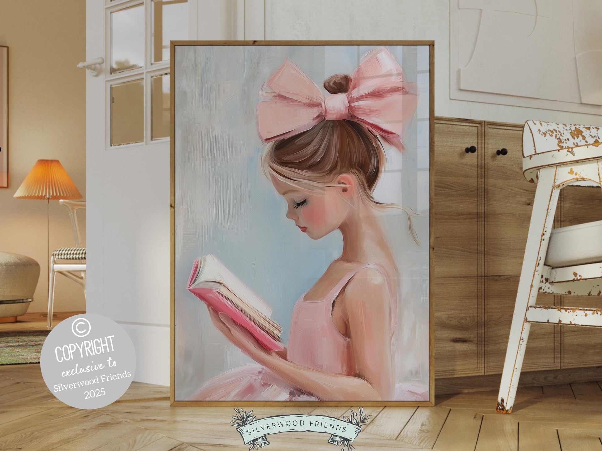 Girl's Pink Reading Poster Print, Pastel Book Nook Library Wall Art Print, Pink Girly Bookish Library Decor Apartment Wall Art Digital Print