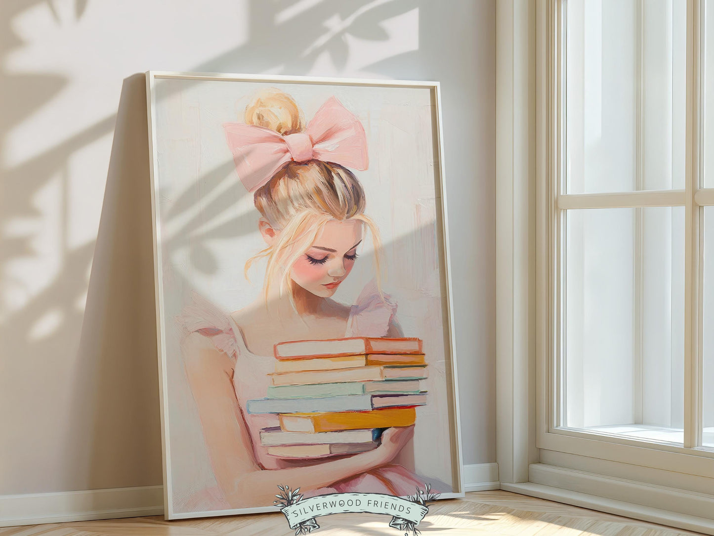 Blonde Girl Reading Poster Print, Pastel Book Nook Library Wall Art Print, Pink Girly Bookish Library Decor, Dorm Room Decor Digital Print
