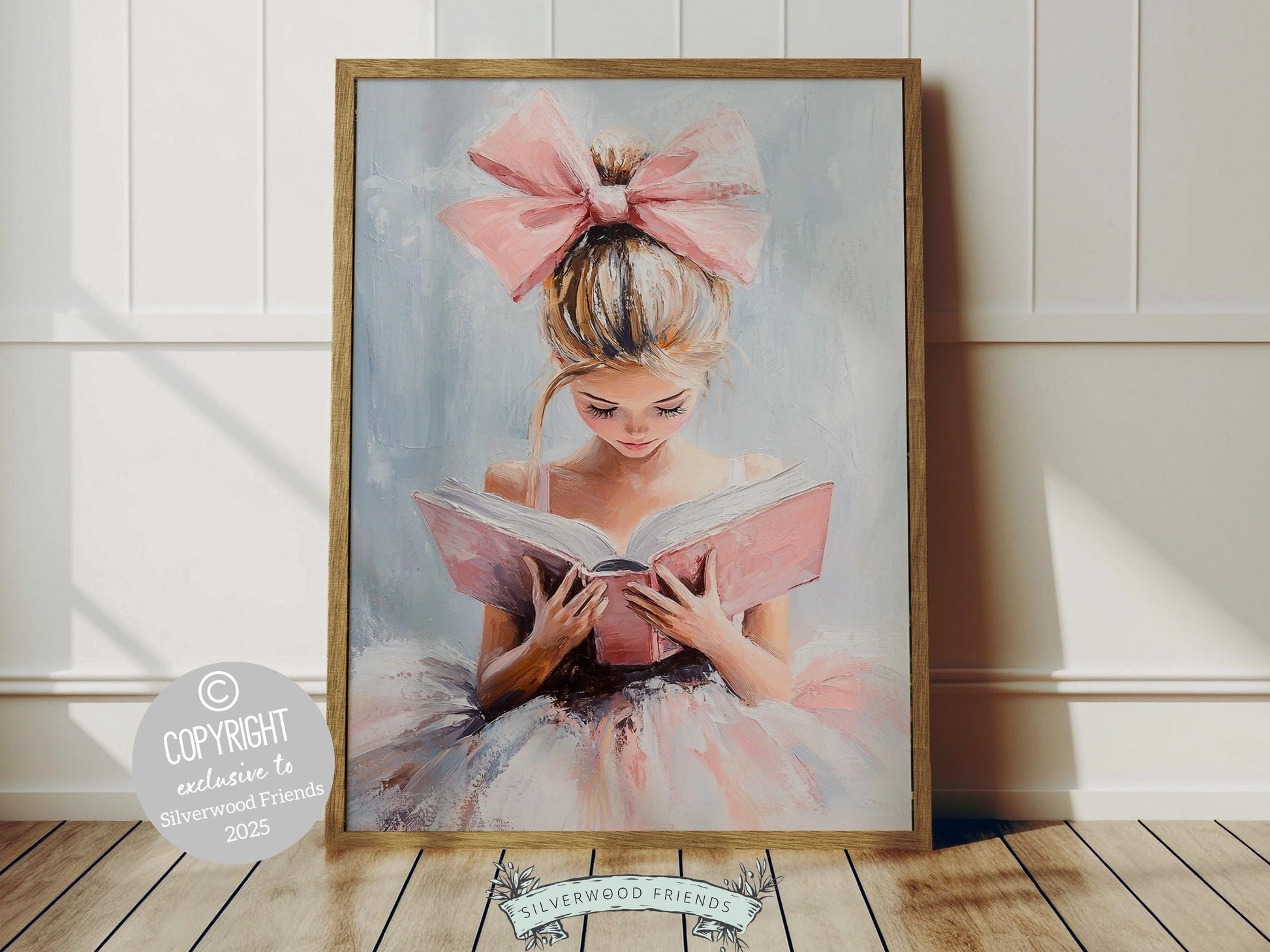 Elevate your space with this trendy pastel pink print, designed in a dreamy oil painting style. Featuring a little blonde girl reading a book, complete with a statement pink bow in her hair, this artwork exudes playful charm.