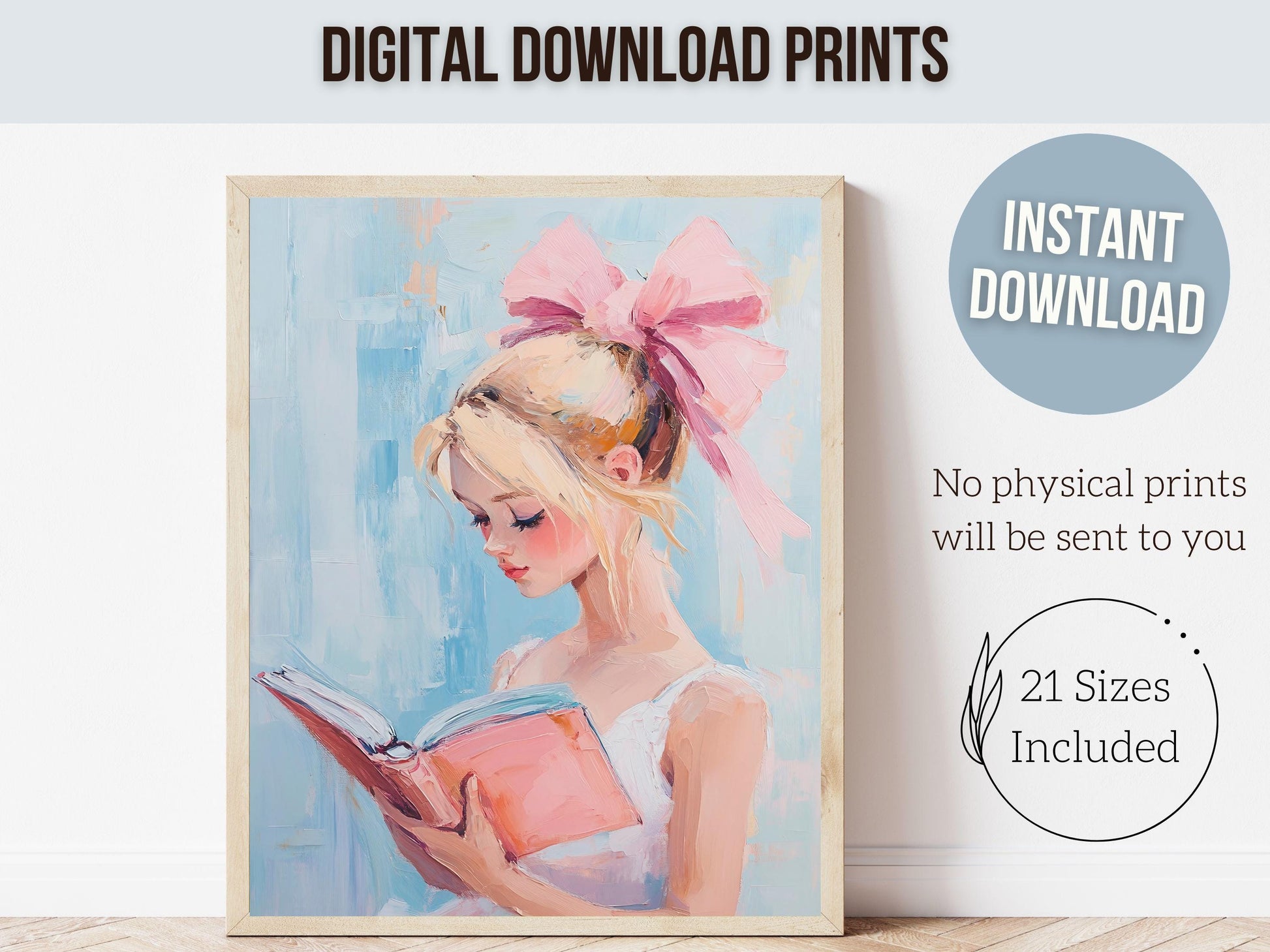 Blonde Girl Reading Poster Print, Pastel Book Nook Library Wall Art Print, Pink Girly Bookish Library Decor, Preppy Dorm Room Digital Print