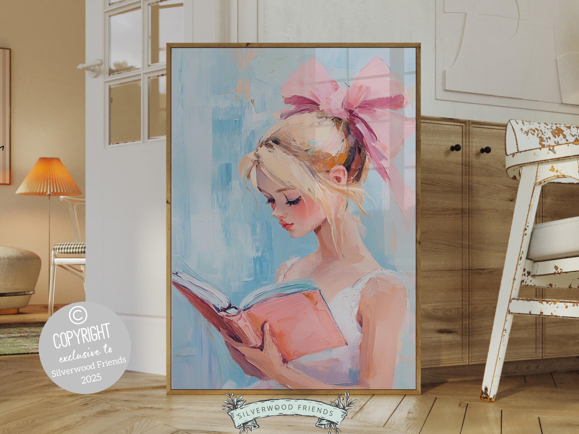 Blonde Girl Reading Poster Print, Pastel Book Nook Library Wall Art Print, Pink Girly Bookish Library Decor, Preppy Dorm Room Digital Print