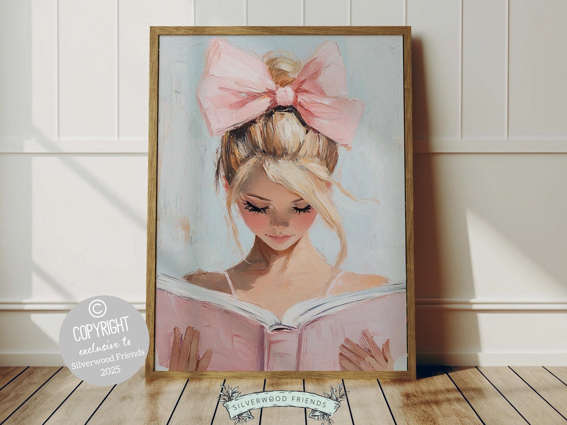 Bring a touch of charm to your space with this dreamy pastel pink print, designed in a oil painting style. Featuring a blonde girl lost in her favourite book, this artwork showcases your love for reading.