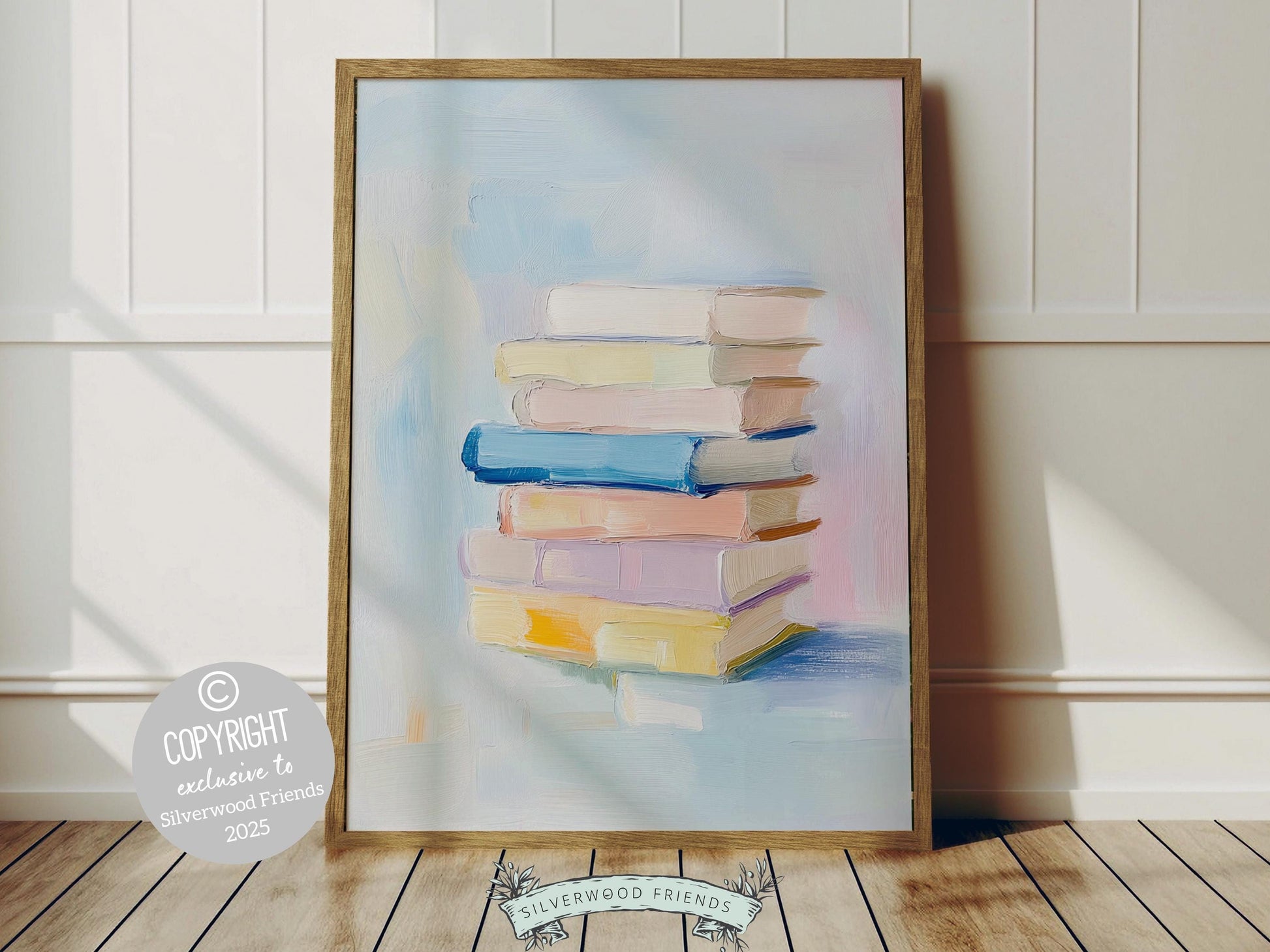 Elevate your space with this trendy pastel pink print, featuring a dreamy oil painting-style stack of pastel colored books that exudes charm and whimsy. Perfect for book lovers and writers, it’s ideal for adding personality to your reading nook