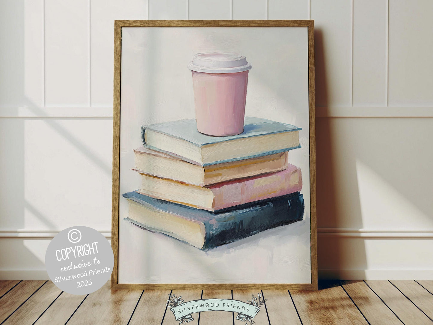 Trendy pastel pink print, featuring a dreamy oil painting-style stack of pastel-colored books and a cozy coffee cup. Perfect for book lovers, writers, and coffee enthusiasts, it’s an ideal choice for decorating your cafe, reading nook, or dorm.